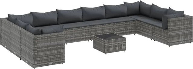 vidaXL 11-tlg Garten-Lounge-Set in U-Form aus grauem Poly-Rattan mit Kissen und Couchtisch - Bild 1