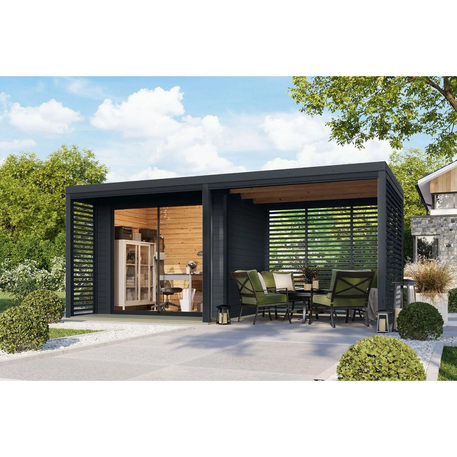 Karibu Gartenhaus Flavio B mit Anbaudach aus Massivholz in Anthrazit - Bild 2