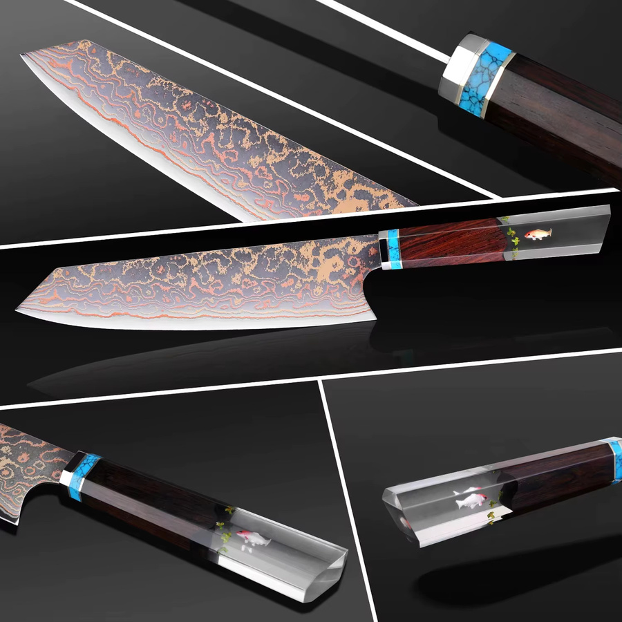 Xituo Kiritsuke Kochmesser aus mehrfarbigem Kupfer-Damaststahl mit Holzgriff, Länge: 20,3 cm - Bild 3