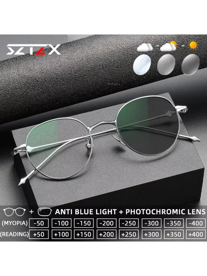 SZTZX Lesebrille, Titan, Vollrand, Rund, Silber, Photochrom, Blaulichtfilter - Bild 4