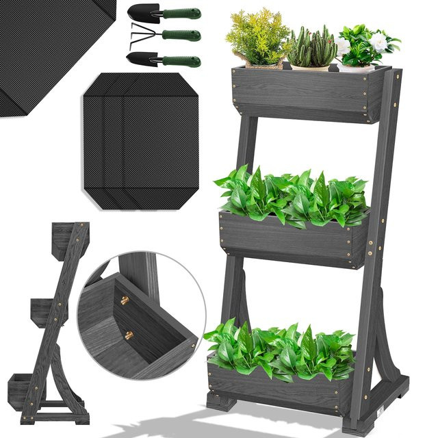 KESSER Hochbeet mit Etagen als Blumentreppe und Pflanztreppe aus Tannenholz in Braun für Garten, Balkon oder Terrasse inklusive Gartenvlies - Bild 1