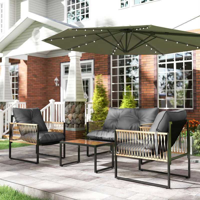 Outsunny 4-teiliges Rattan Gartenmöbel Set in Grau mit Kissen, bestehend aus 1 Doppelsofa, 2 Sesseln und 1 Couchtisch mit Glasplatte - Bild 2