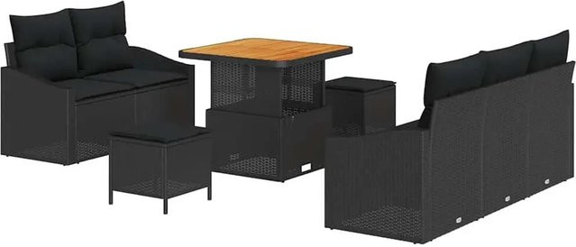 vidaXL Garten-Sofa-Set 8-teilig aus Poly Rattan und Akazienholz in Schwarz mit Kissen - Bild 1