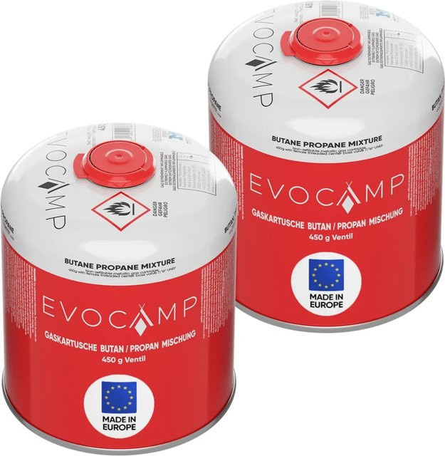Evocamp Propan Butan Gaskartuschen Set mit Eurogewinde und Sicherheitsverschluss, 2 Stück à 450g - Bild 1