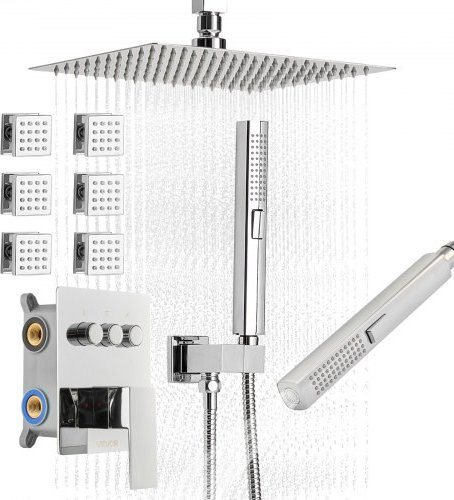 VEVOR Duschsystem-Set in Chrom mit 25,4 cm Regenduschkopf, 6 Körperbrausen, 2 in 1 Handbrause und Messingventil für Deckenmontage - Bild 1