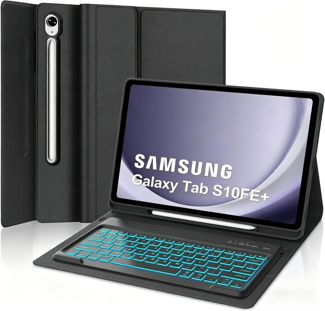 Schutzhülle mit abnehmbarer 7-farbig beleuchteter Tastatur und Stifthalter für Samsung Galaxy Tab S10 FE Plus 13,1 Zoll in Schwarz/Mehrfarbig - Bild 1