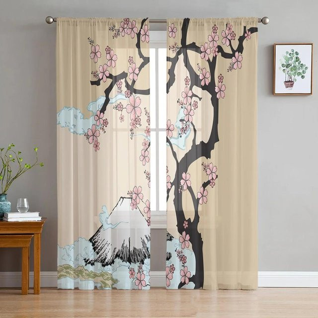 Yiran Furniture Transparente Organza Voile Vorhänge mit Japanischem Mount Fuji und Sakura Kirschblüten Design, B: 135 cm, H: 245 cm - Bild 1
