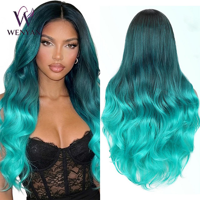 WENYAN Perücke, Body Wave, 26 Zoll, blaugrüne Ombre, hitzebeständiges Kunsthaar, Damen - Bild 1