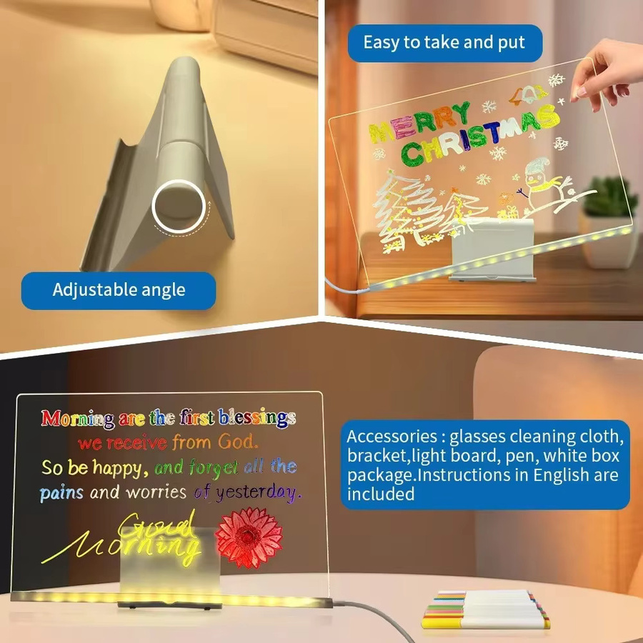 USB-LED-Notiztafel aus transparentem Acryl mit warmweißem Licht und verstellbarem Standfuß - Bild 3