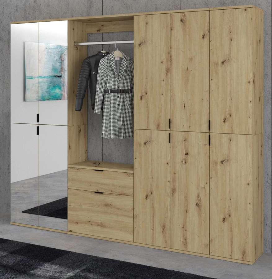 Garderobe mit Spiegel und Schuhschrank Line-Up von Inn.Furn in Eiche Matt, B/H/T: 193 x 213 x 34 cm - Bild 1