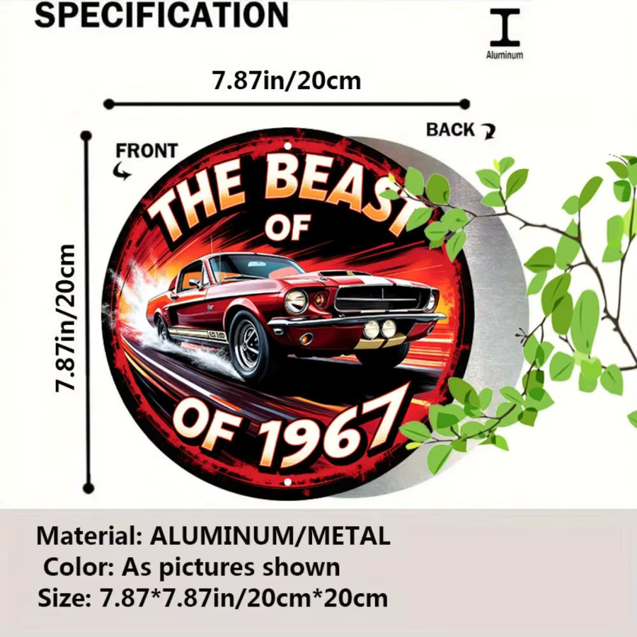 CIFBUY Retro 1967 Muscle Car Aluminium-Blechschild Vintage Wanddekoration, B/H: 20,0 x 20,0 cm, Mehrfarbig - Bild 2