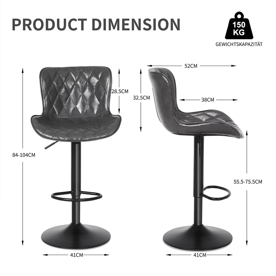 Ralex Set mit 3 modernen Barhockern aus Kunstleder und Metall in Dunkelgrau, drehbare Stühle für Küche, Esszimmer und Wohnzimmer - Bild 2