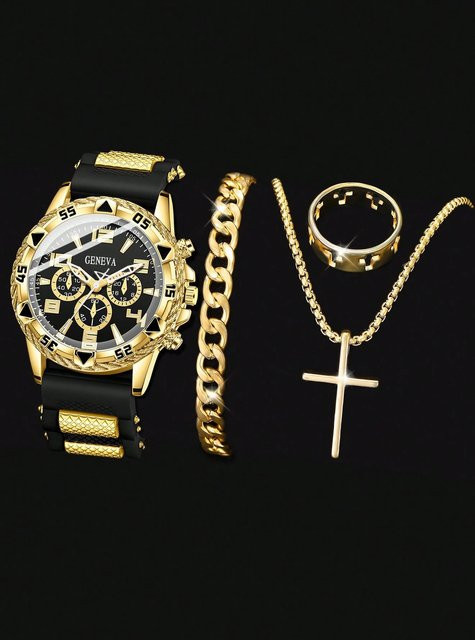 CMK Schmuckset Herren, Digitaluhr Quarz, Silikonband, Halskette, Ring, Schwarz - Bild 1