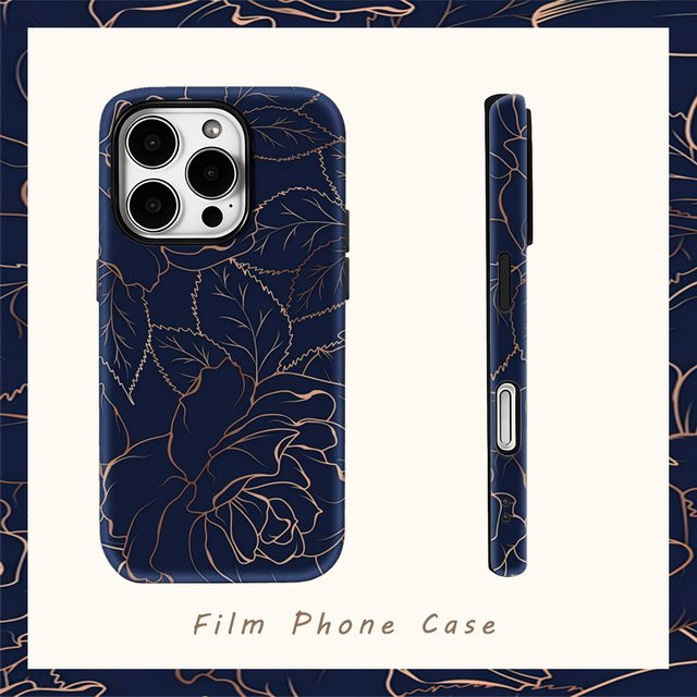 Marinegoldene Handyhülle mit floralem Lineart-Design für iPhone 17 Pro Max, 17, 16, 15, 14, 13, 12, 11 und Air/16E mit doppellagiger Rückseite in Blau und Gold - Bild 1