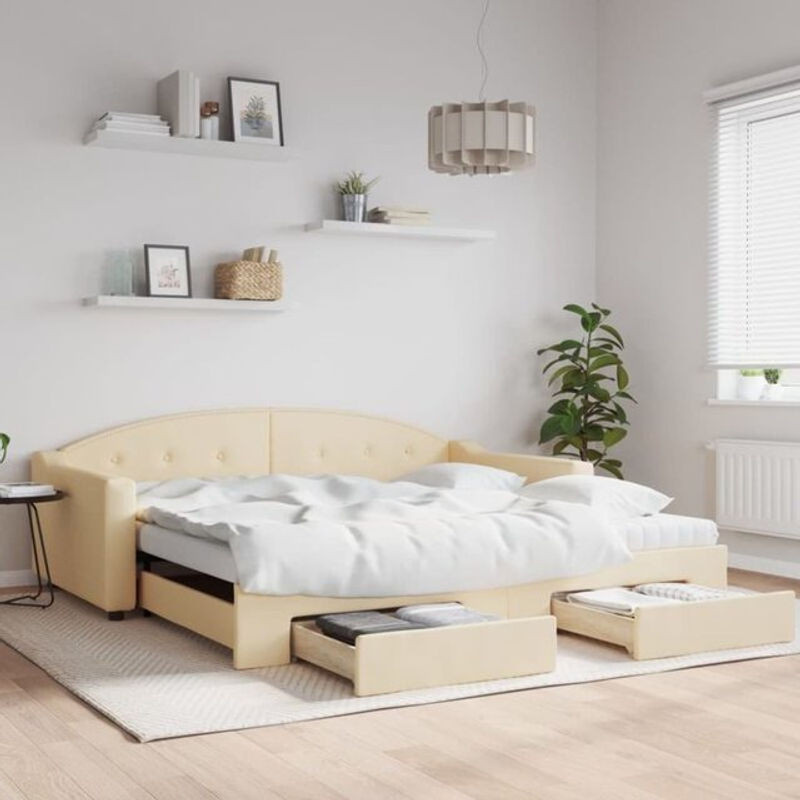 Ausziehbares Funktionsbett vidaxl mit Schubladen in Beige aus Stoff und Metall, B/T: 100 x 200 cm - Bild 1