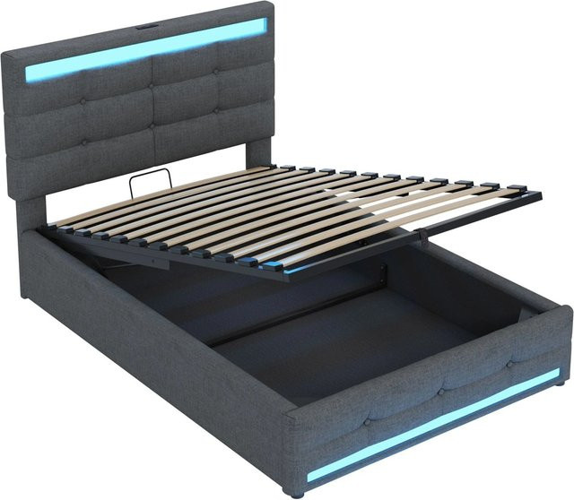 Merax Polsterbett mit Hydraulik, LED-Unterbettbeleuchtung und USB-Anschluss, Grau, B/T/H: 90 x 200 x 107 cm - Bild 1