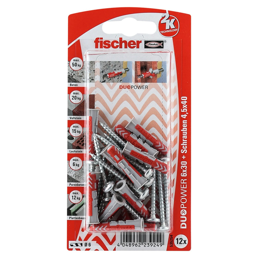 Fischer DuoPower Dübel mit Panhead-Schraube, Durchmesser: 6 mm, Länge: 30 mm, 12 Stück, Grau-Rot - Bild 2