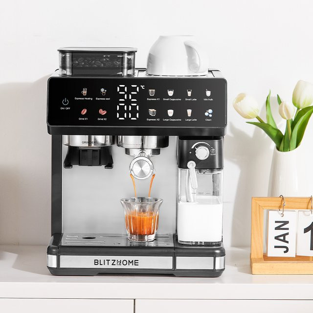 BlitzHome CM5710 All-in-One Espresso-Kaffeemaschine in Schwarz mit integriertem Mahlwerk, Doppelboiler, Heiß- und Kaltbrühfunktion sowie automatischem Milchaufschäumer aus Edelstahl - Bild 1