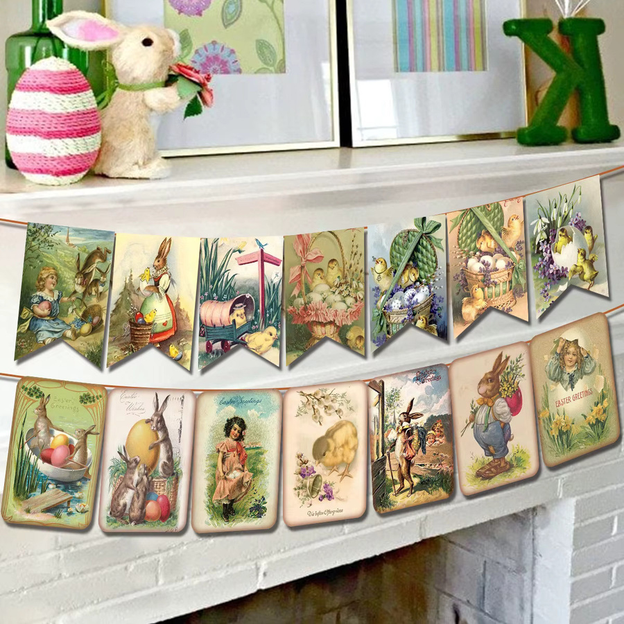 WEIGAO Osterdekoration Vintage Wimpelkette mit Hase und Osterei als Girlande für deine Osternparty in Mehrfarbig - Bild 2
