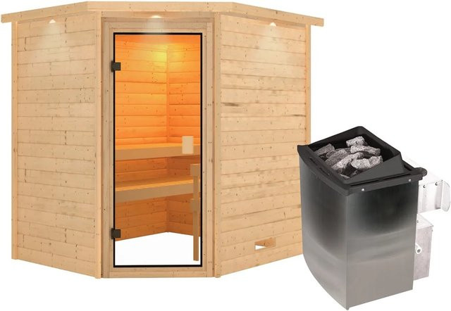 Karibu Sauna Elea mit Kranz Set in Naturbelassen Braun inklusive 9 kW Ofen und integrierter Steuerung - Bild 1