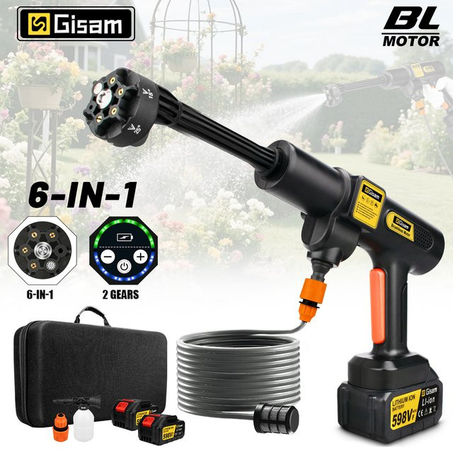 Gisam Bürstenloser Elektrischer Hochdruck-Autowascher 200 Bar 6-in-1 Wassersprühpistole für Makita 18V Akku, Schwarz - Bild 1