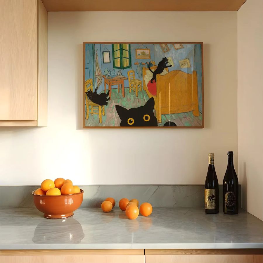 Wandkunst Poster mit schwarzen Katzen im Van Gogh Stil ohne Rahmen in Schwarz - Bild 3