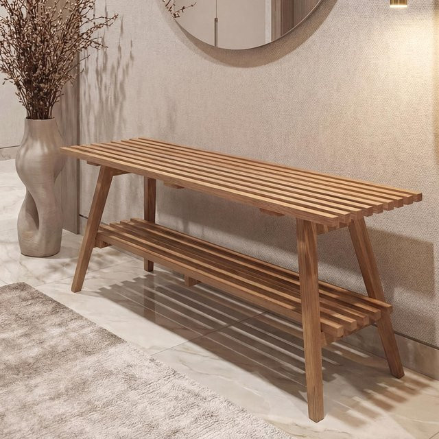 MCA Garderoben-Bank mit Schuhregal aus Massiv-Holz Eiche, braun, B/T/H: 100 x 35 x 45 cm - Bild 1