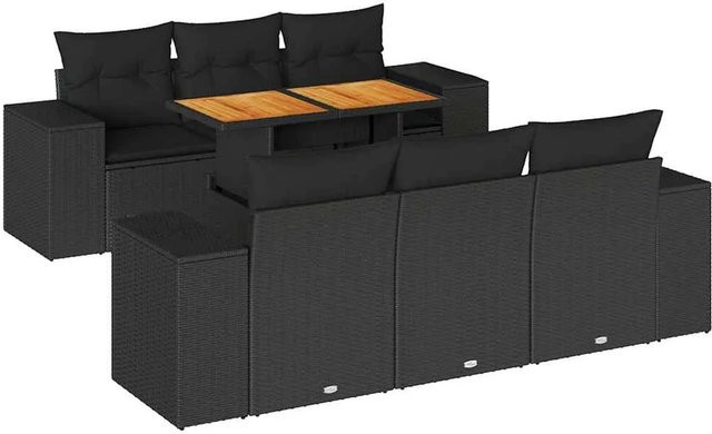 vidaXL 7-teilige Garten-Sofagarnitur aus Poly-Rattan und Akazienholz in Schwarz mit Kissen - Bild 1