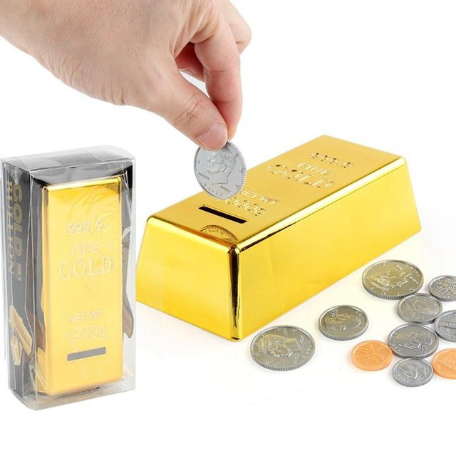 Sparschwein in Gold-Optik als Spardose für Kinder in Form eines Goldbarrens, Farbe: Gelb - Bild 1