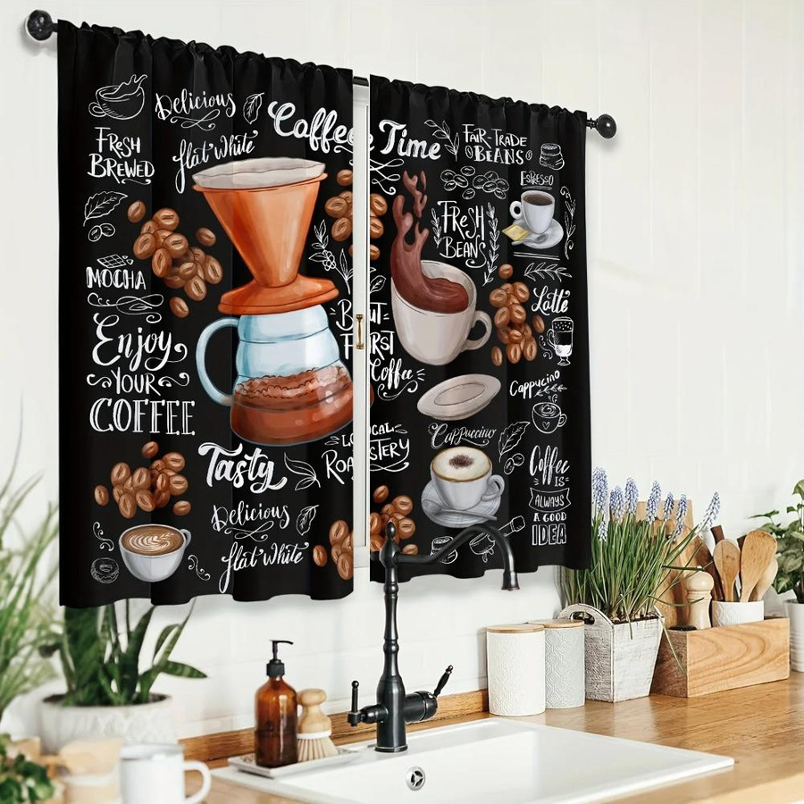 2er-Set Lichtfilternde Küchenvorhänge von Yiran Furniture mit 3D-Kaffeeillustration in Schwarz, B x H: 60 x 50 cm - Bild 4