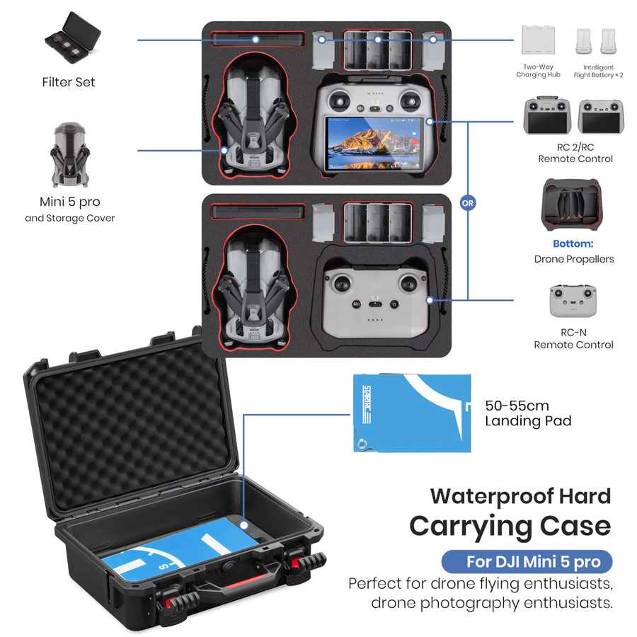 STARTRC VCR Wasserdichter Hartschalenkoffer für DJI Mini 5 Pro, Mini 4 und Mini 3 inklusive Zubehör und Kompatibilität mit RC-N und RC2 Controllern, Schwarz - Bild 2