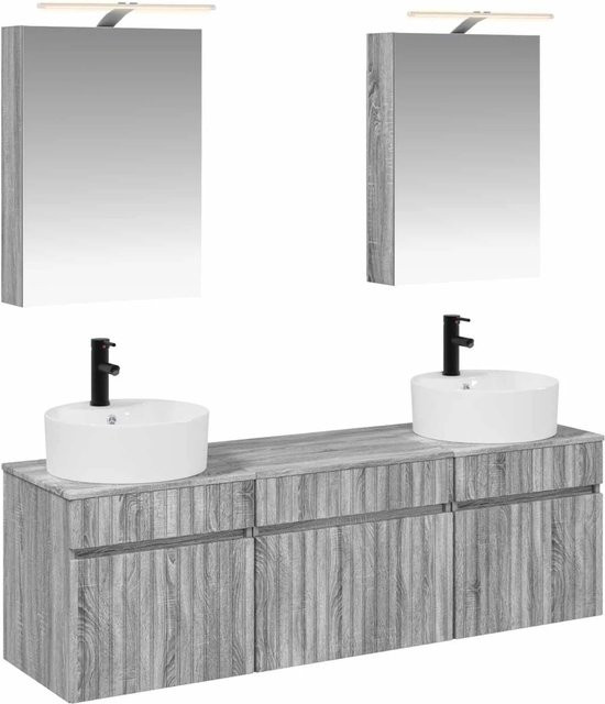 vidaXL Badezimmerschrank-Set 5-teilig in Grau Sonoma, modern mit LED-Beleuchtung und Spiegelschrank, Wandmontage, B/T/H: 50 x 14,5 x 70 cm - Bild 1