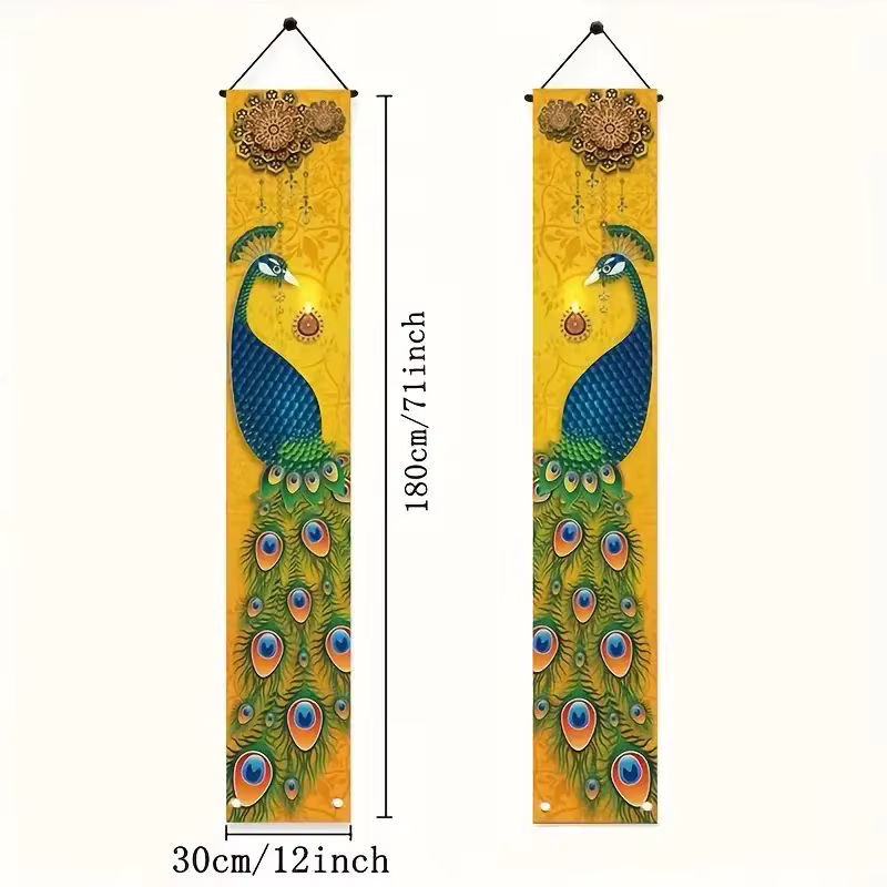 VIKAMA 2er Set Lantern Festival Gateway Banner mit Pfau-Motiv, orientalische Willkommensschilder zur Partydekoration, mehrfarbig und weiß, H: 180 cm, B: 30 cm, T: 30 cm - Bild 5
