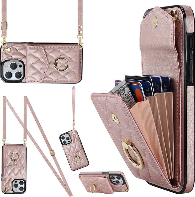 Leder Umhängetasche mit Handschlaufe und Kartenhalter für iPhone als Brieftasche in Grün und Pink - Bild 1