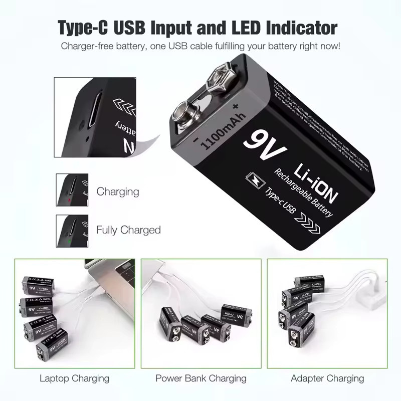 L7ADFJ 9V Li-Ion Akku 1100mAh Typ-C wiederaufladbar Schwarz 6F22 für RC Hubschrauber und Multimeter - Bild 3