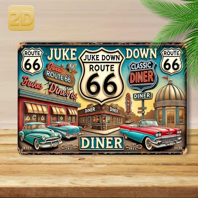 HELLOYOUNG Retro-Blechschild Route 66 Vintage Wanddekoration aus Aluminium, B: 30,0 cm, H: 20,0 cm, T: 1,0 cm - Bild 2