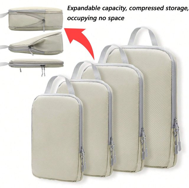 Ryanai Set aus 4 wasserdichten Reise-Aufbewahrungstaschen aus Nylon in Beige zum Komprimieren für deinen Koffer - Bild 1