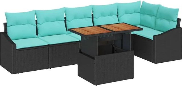 vidaXL Garten Essgruppe 7-teilig aus Poly-Rattan und Akazienholz in Schwarz und Teal mit Kissen - Bild 1