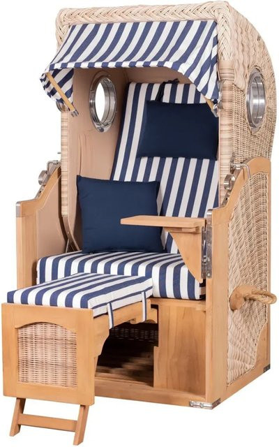 Bene Living Strandkorb Komplettset Ammersee Single Teak Bullauge PE Shell Modell 518 mit Liftersystem, Schutzhülle und Doppelrollen in Blau-Braun gestreift - Bild 1