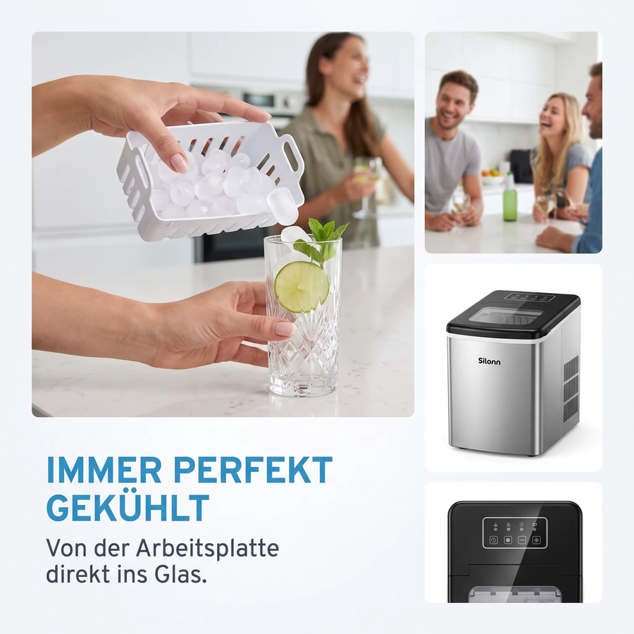 Silonn Eiswürfelmaschine in Silber mit Tragegriff, selbstreinigend, 2 Eisgrößen, 12 kg Kapazität pro 24 Stunden - Bild 3