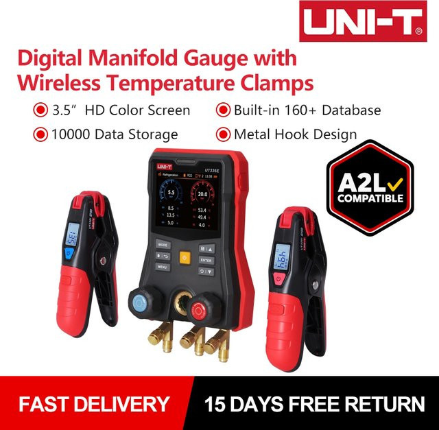 UNI-T UT336E KIT Intelligentes Digitales Manifold-Manometer Kältemitteldruckmessgerät mit UT320I Kabellosen Temperaturklemmen - Bild 1
