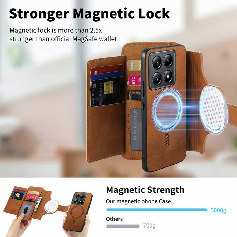 2-in-1 Magnetische Leder-Brieftaschenhülle mit Reißverschluss für Xiaomi 17T Pro 5G und Xiaomi 15T Pro in Orange oder Braun - Bild 3