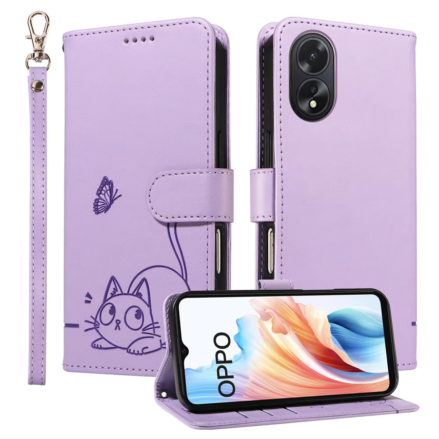 Magnetische Leder-Brieftasche mit Katzen-Schmetterling und geprägtem Design für OPPO A54 A54S A55 A72 A73 A74 A78 A93 A94 A95 A96 4G 5G in Rot und Lila - Bild 4