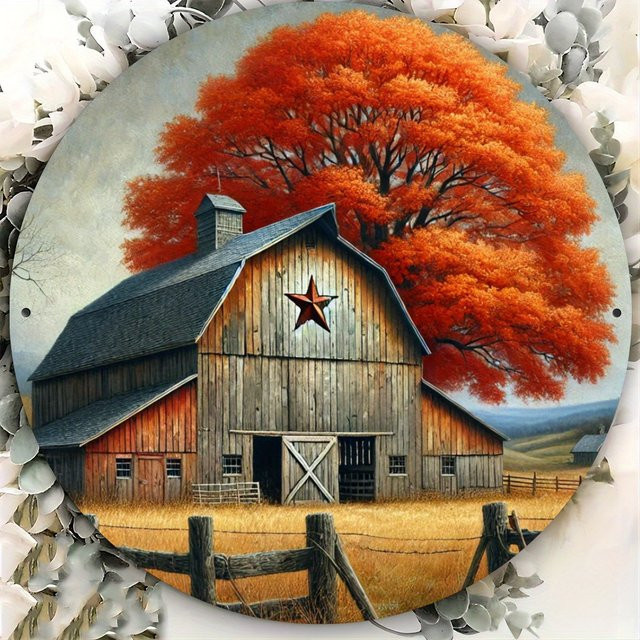 Rundes Metallschild von CIFBUY im rustikalen Bauernhaus-Stil mit herbstlichem Blumen- und Blattdesign in Rot und Mehrfarbig, Durchmesser: 20 cm - Bild 1