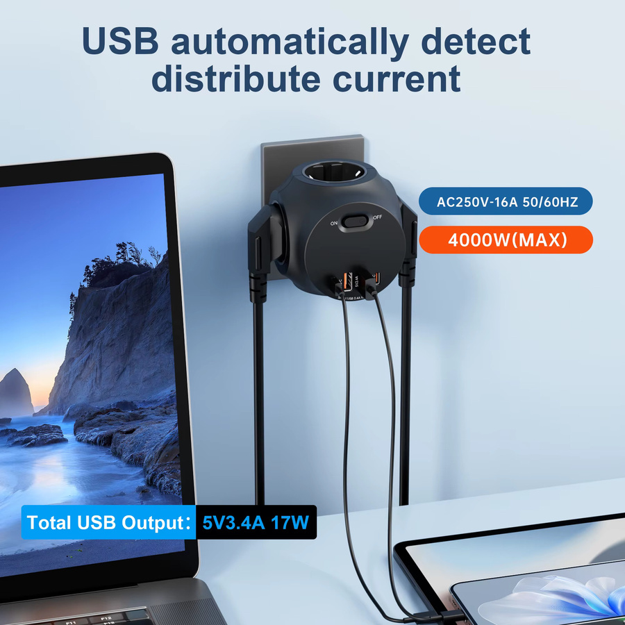 Multifunktions-Steckdosenleiste zur Wandmontage mit EU-Stecker, 4000 W, Überlastschalter, 2 USB-A und 2 USB-C Anschlüssen, Schwarz - Bild 2