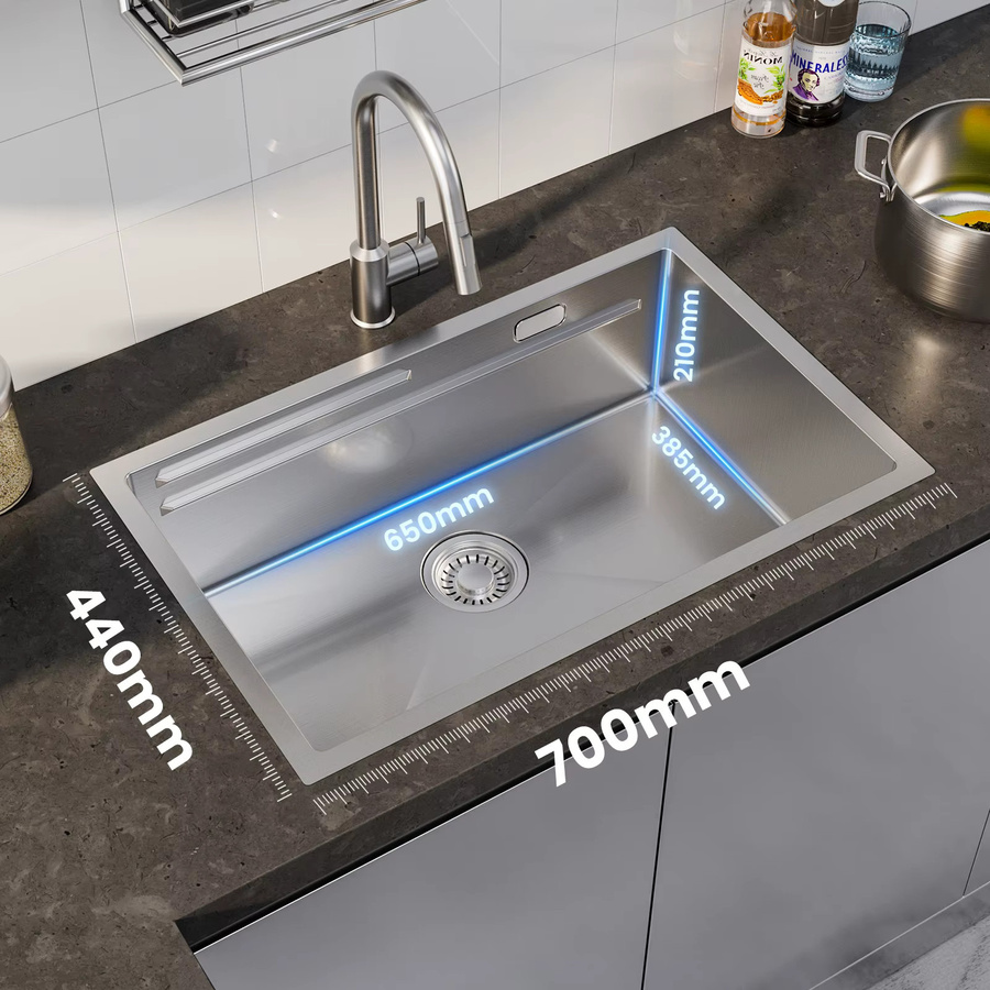 CECIPA max Küchenspüle aus 304 Edelstahl in Silber, Doppelstufen Arbeitsstation als Unterbauspüle, B: 70 cm, T: 44 cm - Bild 4