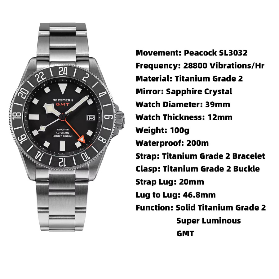 SUGESS Armbanduhr Titan, Automatik, GMT, Saphirglas, Schwarz, Herren - Bild 4