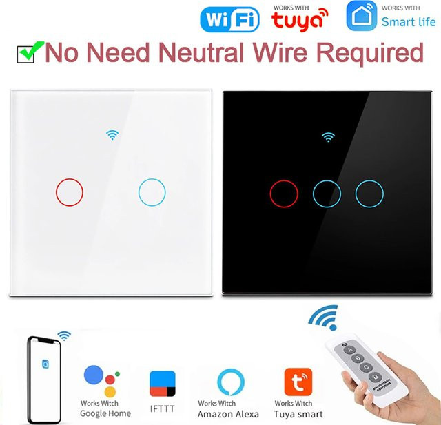 Szaoju Smarter WiFi Touch-Lichtschalter in Weiß, kompatibel mit Tuya App, Amazon Alexa und Google Assistant, modern gestaltet, mit oder ohne Neutralleiter nutzbar - Bild 1