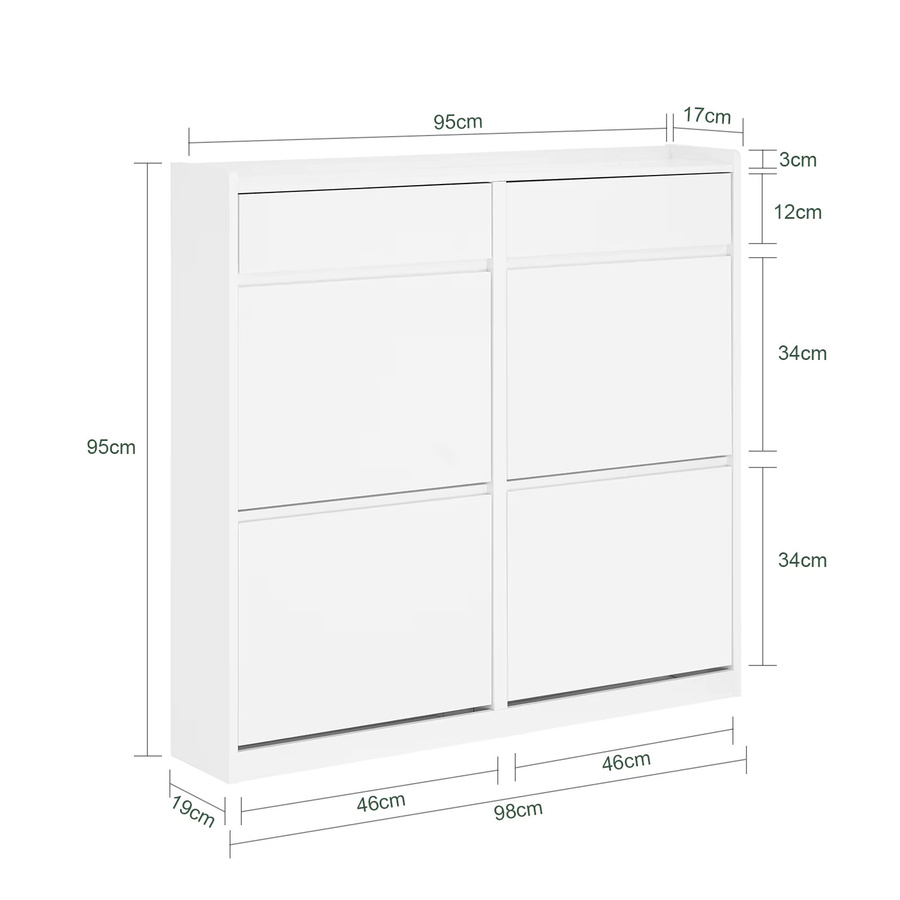 SoBuy Schuhschrank FSR169-W mit 4 Klappen in Weiß, schmaler Schuhkipper mit Regalfächern, B/H/T: 98 x 95 x 19 cm - Bild 3