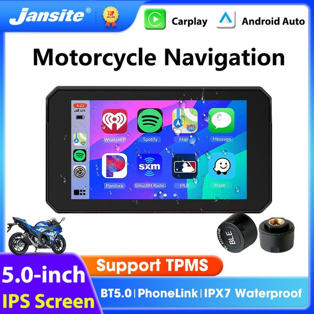 Jansite 5 Zoll tragbares Motorrad-Navigations-GPS mit kabellosem CarPlay und Android Auto, Bluetooth 5.0 und IPX7 wasserdicht, Schwarz - Bild 1